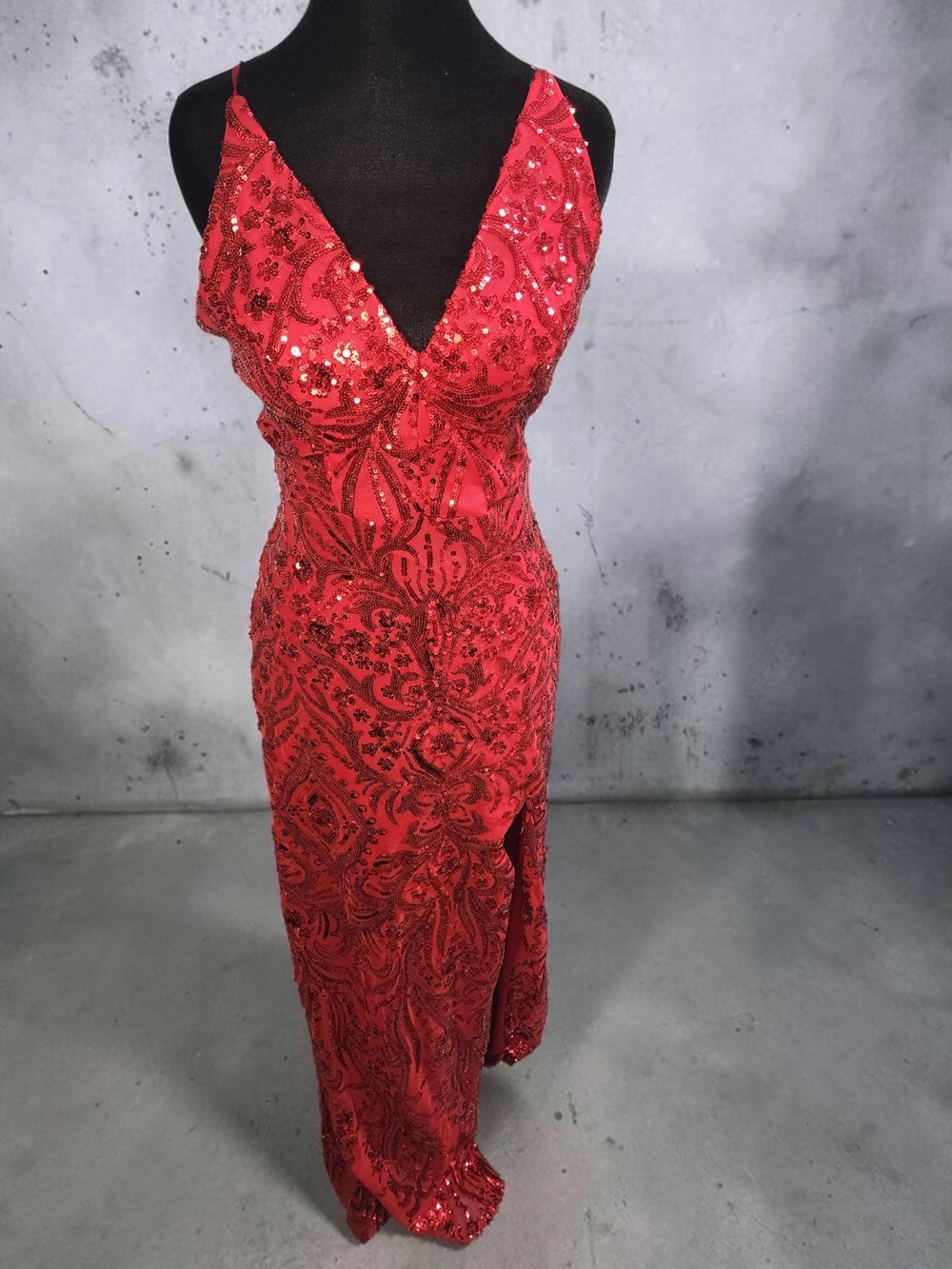 NWT Blondie Nites Red Sequin Gown, Size 7, V-Neck, High Slit, Prom/Formal